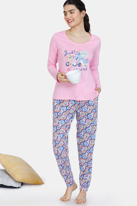 Zivame Tom & Jerry Colour Block Knit Cotton Pyjama Set - Vista Blue — image 4